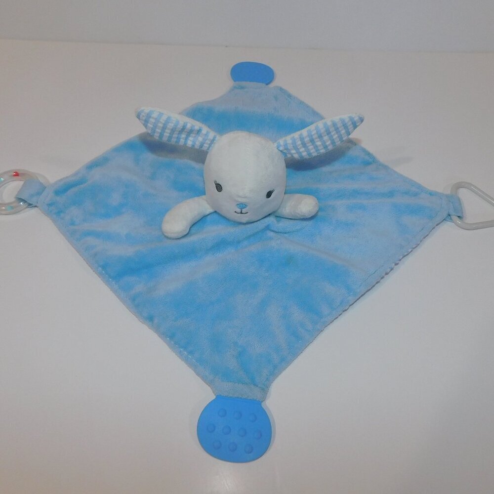 Modern Baby Blue White Bunny Rabbit Security Blanket Activity Teether Lovey